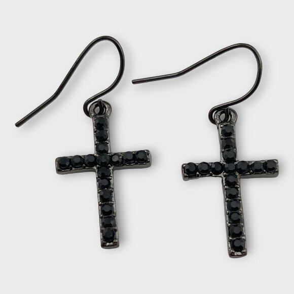 Vintage Black Spanish Crystal Cross Earrings - Picture 1 of 9